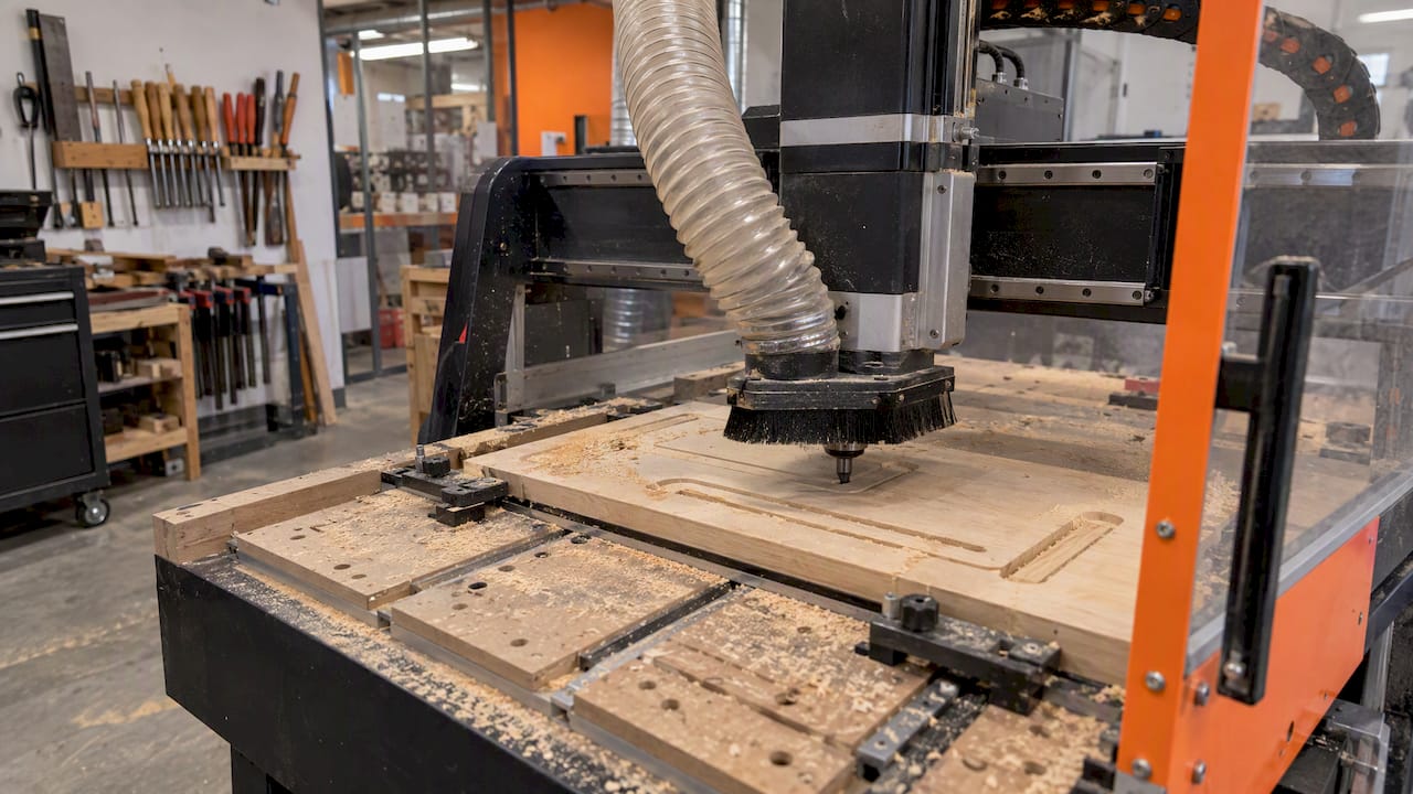 Une fraiseuse CNC découpe une pièce de bois